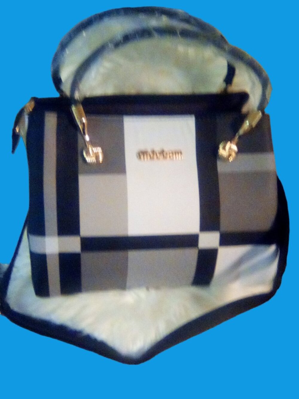 Women's Black & White Plaid Crossbody Bag 2-inside zippers 1 side zipper.